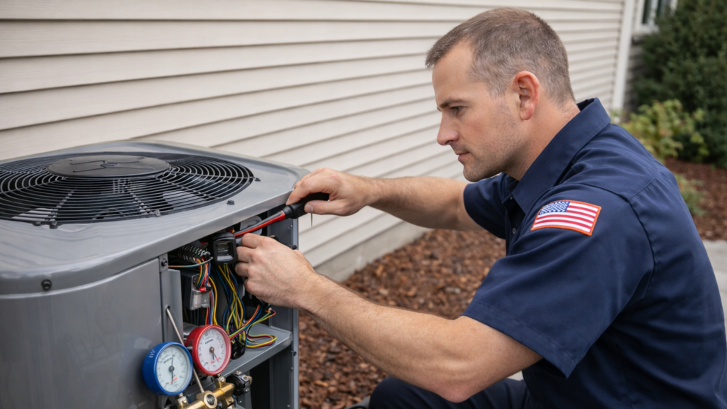 hvac technician wokring on condensor (1)