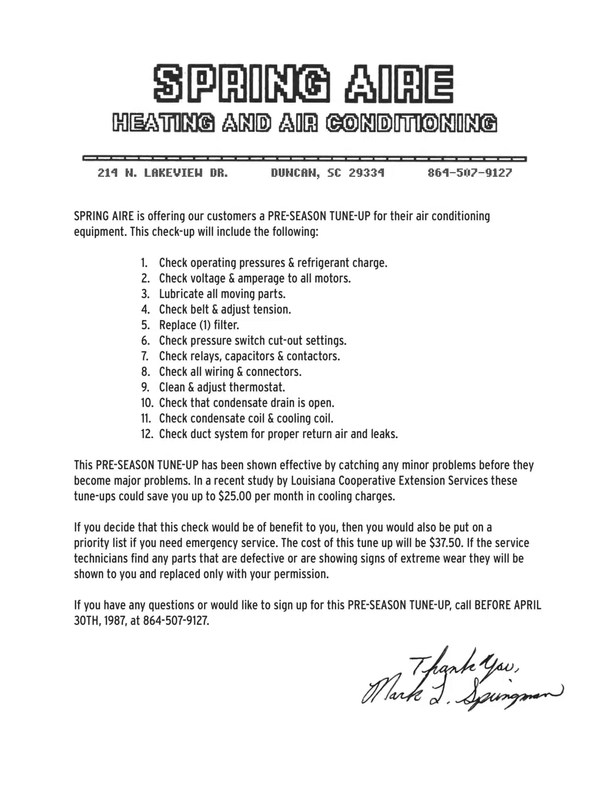 The original 1987 Spring Aire letter offering a pre-season air conditioning tune-up for $37.50