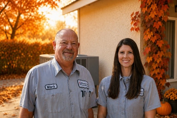 Mark and Hannah Welzel of Spring Aire Heating & Air Conditioning outside a home in autumn